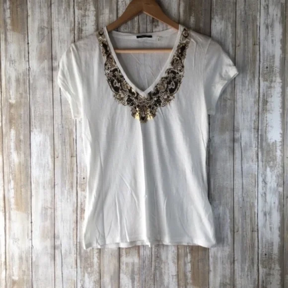 Tahari White Printed Neck Blouse - Picture 1 of 3